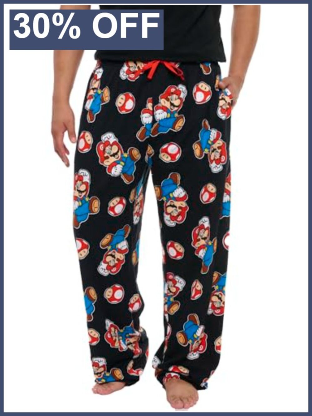 Men's 100% Cotton Lounge Pajama Bottoms Super Mario Print Drawstring